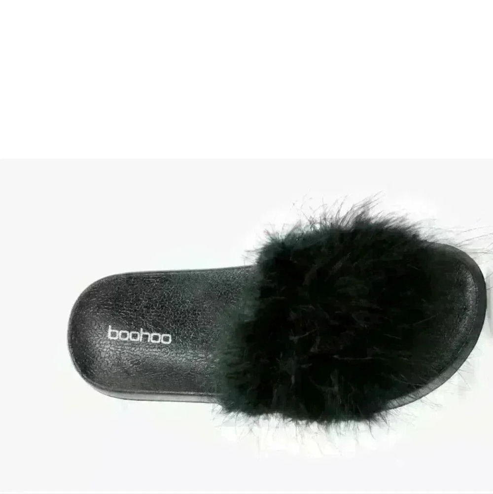 NEW NIB Boohoo Women's Annabelle Black Feather Slider Sz 6 $36 - Picture 2 of 2